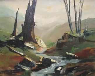 FRANCES SIMPSON IMPRESSIONISM LANDSCAPE OIL ON PANEL OF A STREAM. TITLED "REMAINS". 18" X 24". MID-20TH