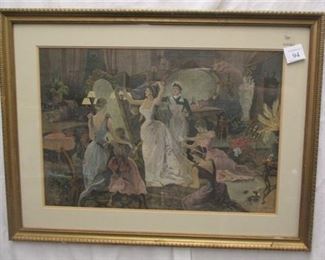COLORED ETCHING OF A BRIDAL SCENE. CA 1890's IN NEWER FRAME. IMAGE AREA 19" X 12.75".