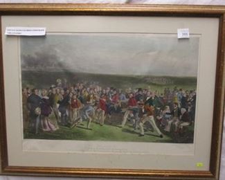 COLORED LITHOGRAPH "THE GOLFERS". ENGRAVED BY CHAS E. WAGSTAFFE, AFTER CHARLES LEES. DATED 1850, NEWER FRAME. SOME WRINKLES IN PAPER. FRAME IS 32" X 24.5"