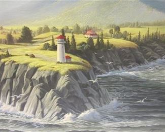OIL ON CANVAS OF A LIGHTHOUSE COASTAL SCENE. 24" X 36"