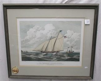 FRAMED LITHOGRAPH IMAGE OF THE AMERICA SCHOONER, 170 TONS. INCLUDES ENGRAVED MEDALLION ATTACHED TO GLASS. FRAME IS 27.5" X 23.5"