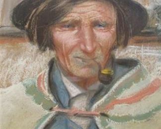 OIL PASTEL PORTRAIT OF A MAN SMOKING A PIPE. SIGNED LOWER RIGHT.