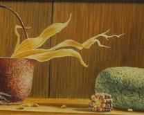 STEVEN LOWS BALL FRAMED WORK "STONE WITH CORN". ON A 5" X 13" MASONITE PANEL