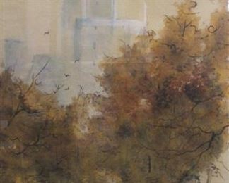 IMPRESSIONISM WATERCOLOR OF A PARK/CITYSCAPE WITH ASIAN STAMP SIGNATURE. FRAMED AND TRIPLE MATTED UNDER GLASS. 13.75" x 20"