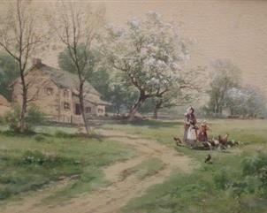 CARL PHILIPP WEBER (1849-1922, PA,GERMAN): watercolor of a country house, mother and child in the yard with chickens. 24"x12". Framed under glass