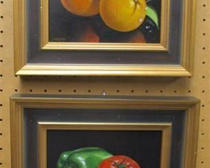 KEN SINGER PAIR OF REALISM ACRYLIC PAINTINGS OF ORANGES AND PEPPERS. FRAMES ART 11.5" X 9.5"
