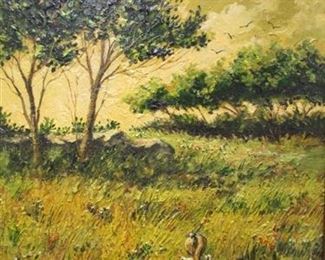 MARTHA SMITH IMPRESSIONISM OIL ON 8X12 CANVAS BOARD. TITLED "SPRING WALK". DEPICTS TWO CHILDREN IN A FIELD. One corner of frame loose