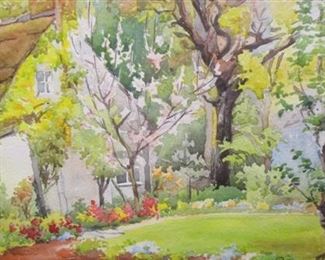 ENGLISH WATERCOLOR OF A HOUSE AND FLOWER GARDEN. TITLED BLOSSOM TIME, CONDOVER. SIGNED R. MILLER. IMAGE 10.5" X 7.25"