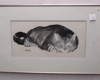 BARBARA NICKERSON SUMI WATERCOLOR OF A CAT. FRAME IS 28" X 18".