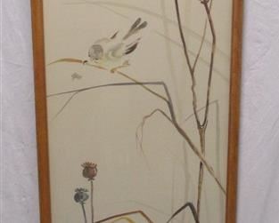 JULE H. KULLBERG (SEATTLE, 1905-1976): WATER ON PAPER OF POPPIES AND BIRD. FRAME IS 15 x 31"