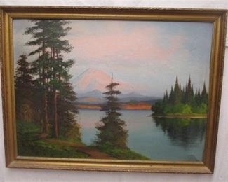 LANDSCAPE OIL ON PANEL. APPEARS TO BE MT. RAINIER IN THE BACKGROUND. UNSIGNED. 26" x19". Note that the painting has become convex and has cracks in one corner