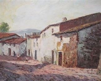 PEDRO SAWACKI (1941) SPANISH IMPRESSIONISM OIL ON CANVAS OF A ROW OF BUILDINGS. 24" X 19.5". SECTIONS OF FRAME MISSING