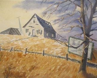 WATERCOLOR OF ABANDONED FARM HOUSE. SIGNED H.C. POPP. IMAGE 19" X 13.5". FOXING ON LEFT SIDE OF PAINTING AND ON MATT