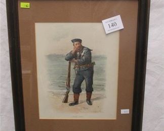 WILLIAM CHRISTIAN SYMONS (1845 -1911, ENGLISH) STONE LITHOGRAPH OF AN ENGLISH NAVAL SOLDIER. FRAME IS 12.75" X 15.75"