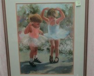 OIL PASTEL OF TWO LITTLE GIRL BALLERINA'S. SIGNED K. GRAVES. IMAGE AREA 24.5" X 18.5"