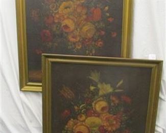PAIR OF F. STEVENS FLORAL STILL LIFE OIL PAINTINGS ON CANVAS. BOTH ARE DARK AND DEPICTS BLOSSOMS AT THEIR PEAK IN A VASE. 22" X 28"