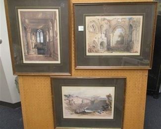 W.L. LUTCH - THREE MATCHED FRAMES WITH STONE LITHOGRAPH PRINTS OF SCOTTISH SCENES. The Prentice Pillar Rosslyn Chapel, Edinburgh from Craigleith quarry, Abby ruins. 15" x 10.785" images. One frame damaged on top