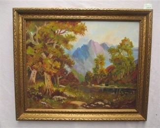 AGNES YVONNE NORTON RUTHS - JULY 1953 COPY LANDSCAPE PAINTING ON 16'X20" CANVAS BOARD.