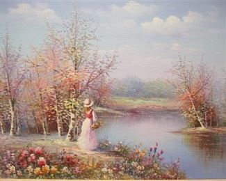 CONTEMPORARY IMPRESSIONISM OIL ON CANVAS OF A GIRL BY A STREAM. UNSIGNED. 20"x16"