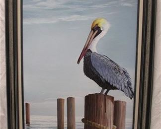 JOHN AKERS (1944-2006, LOUISIANA) PAINTING ON MASONITE PANEL OF A PELICAN ON A PILING. 18" X 24"