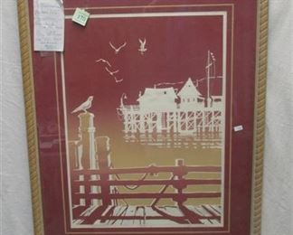 ROY WILLIAMS EMBOSSED SERIGRAPH 34/500. DEPICTS A PIER, "EVENING". COA INVERSO. FRAME IS 30"x24". ARTIST WAS AN ENTERTAINER FOR DISNEY STUDIOS KNOWN AS BIG ROY. 1907-1976