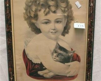 LATE 19TH CENTURY LITHOGRAPH "LITTLE CHARLES". IMAGE OF A CHILD AND CAT. PERIOD FAUX GRAIN FRAME. SOME PLASTER MISSING. FRAME 11.5" X 15.5"