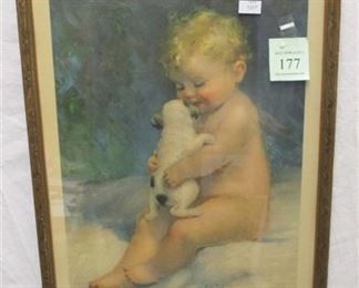 BESSIE PEASE GUTMANN PRINT "CHUMS" BABY WITH PUPPY. FRAME 11"X15". MOISTURE STAIN ON LOWER LEFT CORNER