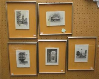 SET OF FIVE FRAMED ETCHINGS. 14" X 11.5" FRAMES, EACH WITH 7X5" ETCHINGS MOUNTED UNDER GLASS