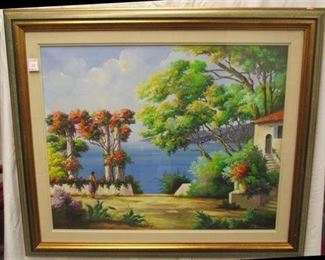 JACQUES JEAN BOIREDON (FRENCH) OIL ON CANVAS. TITLED ON REVERSE "PAYSAGE DE MEDITERRAN PERGOLA". ARTIST SIGNED ON FRONT AN BACK. 25.5" X 31.75". Some chips on frame