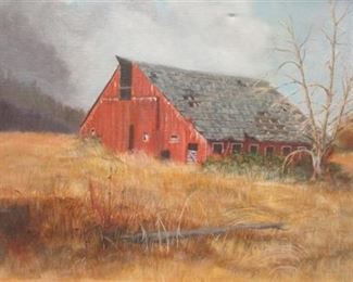 OIL ON CANVAS OF A RED BARN IN A FIELD. SIGNED LOWER RIGHT. 20"x30". SOME SCUFFS ON FRAME, SMALL DENT ON TOP CENTER CANVAS