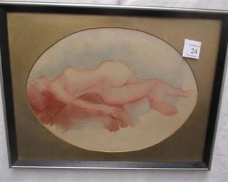 ERNEST HORSWILL (SEATTLE) WATERCOLOR. TITLED ON REVERSE "RECLINING NUDE". FRAME IS 16.75" X 12.75"