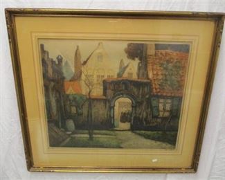 PENCIL SIGNED LITHOGRAPH OF A EUROPEAN COURTYARD. NUMBERED 244/350. GILDED ARTS & CRAFTS TYPE FRAME. IMAGE IS 22.5" X 18"