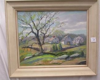 OIL ON CANVAS BOARD OF A COUNTRY HOUSE AND BARN. SIGNED V.I. OLSON. 16"x20"