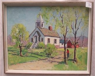 ARTHUR J. MERRILL (1885-1973, CANADIAN) PAINTING ON CANVAS BOARD OF A CHURCH. 16"x20"