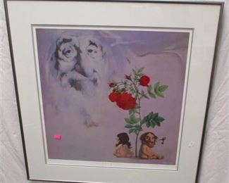 FRAMED CHINESE METALLIC AND SILK THREAD EMBROIDERY. IMAGES INCLUDE A BAT, PHOENIX, SWASTIKA FRUIT AND A URN. FRAME IS 24"x8.5"