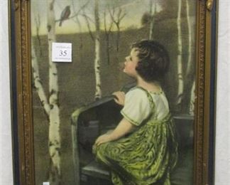 BESSIE PEASE GUTMANN PRINT OF A GIRL. IN AN ATTRACTIVE FRAME DECORATED WITH BLUE PAINT AND GILT BATWING CORNERS . FRAME IS 14.5"x18.5"