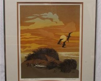 WALTON BUTTS PENCIL SIGNED SILK SCREEN PRINT "ALONG THE BEACH". IMAGE IS 11" X 13.75" . MATTING IS WARPED