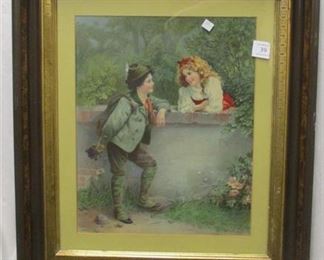 FRAMED LITHOGRAPH OF VICTORIAN CHILDREN. FRAME PAINTED BROWN. 14.25" X 17.5" IMAGE AREA.