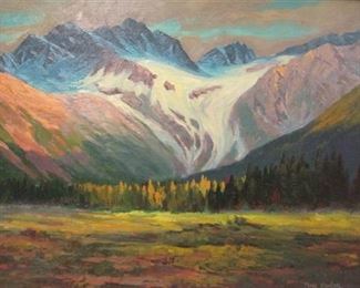 PHIL KOOSER (1921-2007, WA/IA) LANDSCAPE OIL ON MASONITE PANEL. ROGERS PASS IN THE CANADIAN ROCKIES. 16" x 20". SPOTS ON MATTING