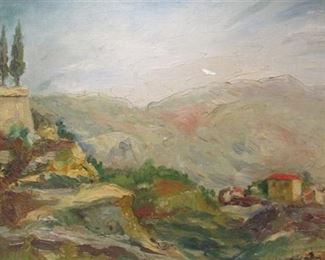 IMPRESSIONISM LANDSCAPE OIL ON CANVAS BOARD DEPICTS A MEDITERRANEAN VALLEY WITH HOUSES. SIGNED LOWER RIGHT. INK STAMP ON REVERSE FROM CANNES, FRANCE. 12.75" X 16". ONE SECTION OF PAINT MISSING IN SKY AREA