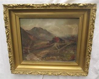 ANTIQUE LANDSCAPE PAINTING ON PANEL. SOME PENCIL INFORMATION ON REVERSE. 9X11" IMAGE. STAINS ON PAINTING, CHIPS ON FRAME