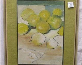 MID-CENTURY PAINTING ON CANVAS BOARD OF LEMONS. MATTED ON LIME GREEN BURLAP. FRAME IS 18"x23"