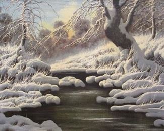 NEOGRADY MIKLOS (1903-1968, HUNGARIAN): WINTER STREAM SCENE LANDSCAPE OIL ON CANVAS. 24"x 36".