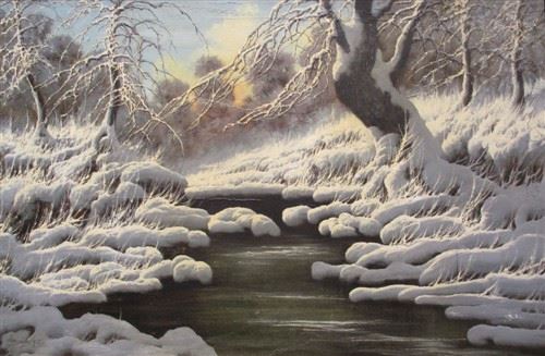 NEOGRADY MIKLOS (1903-1968, HUNGARIAN): WINTER STREAM SCENE LANDSCAPE OIL ON CANVAS. 24"x 36". 