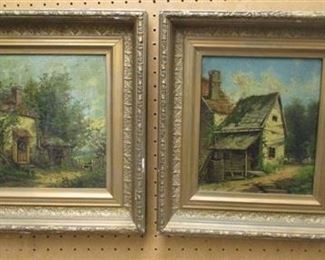 WILLIAM W. BOYLE 19TH CENTURY, AMERICAN. PAIR OF OIL PAINTINGS ON PANELS DEPICTING COUNTRY HOUSES. SOME NICKS ON THE PERIOD FRAMES. IMAGES 10"X 8.25"