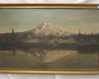LANDSCAPE PAINTING ON FIBER PANEL. APPEARS TO BE MT RAINIER. 23" X 14". Puyallup label on reverse. Minor scuff marks
