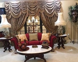 Antique Duncan Phyfe Sofa with original stuffing and cotton batting. Just a new cover. Mahogany tables with the rose carving and marble tops. Excellent condition. Beautiful Victorian lamps to compliment the group.