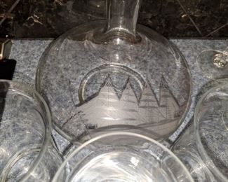 Etched sailboat ship decanter and glasses Cognac Snifter