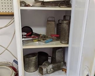 Vintage kitchen items, metal cupboard 