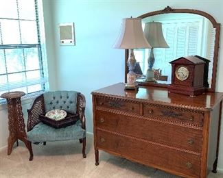 Antique Dresser/ Mirror: $175.00
Tufted back side Chair (2): SOLD
Carved Wood Stand:  $60.00
